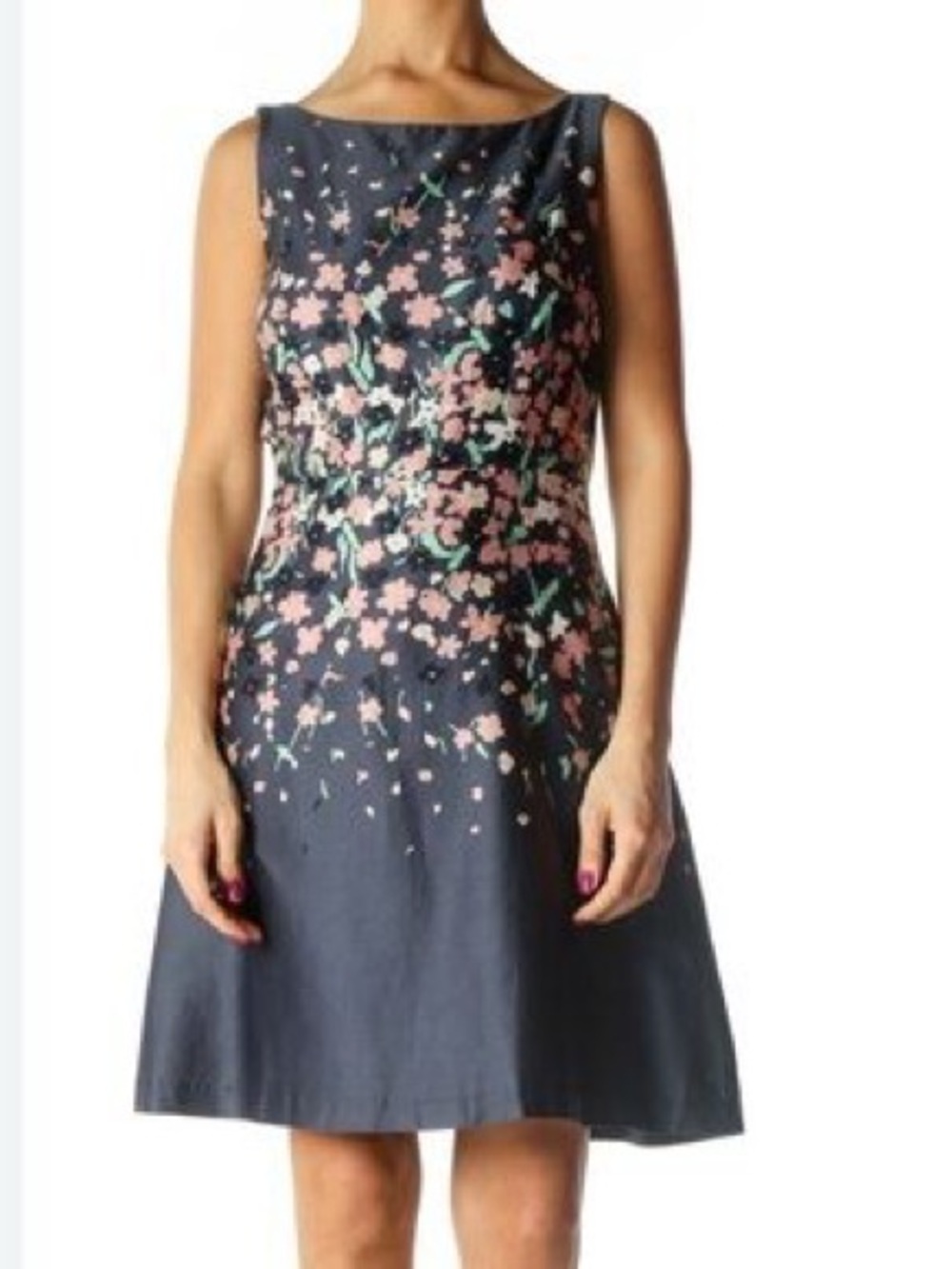 Loft size 2 Cotton Sleeveless Navy Floral A-Line Dress with Pink Blossom Print